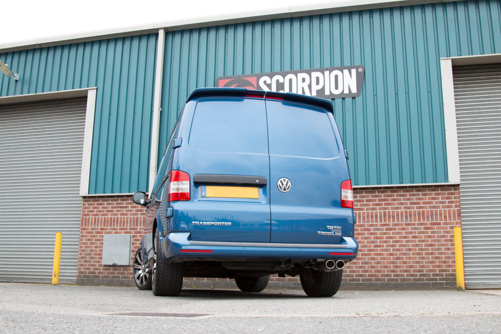 Scorpion VW T5 Transporter & Caravelle SWB/LWB 1.9/2.5TDI (03-09) & 2.0 (10+) Resonated Cat/DPF-Back Exhaust- Polished Twin Monaco Tips  SVW047